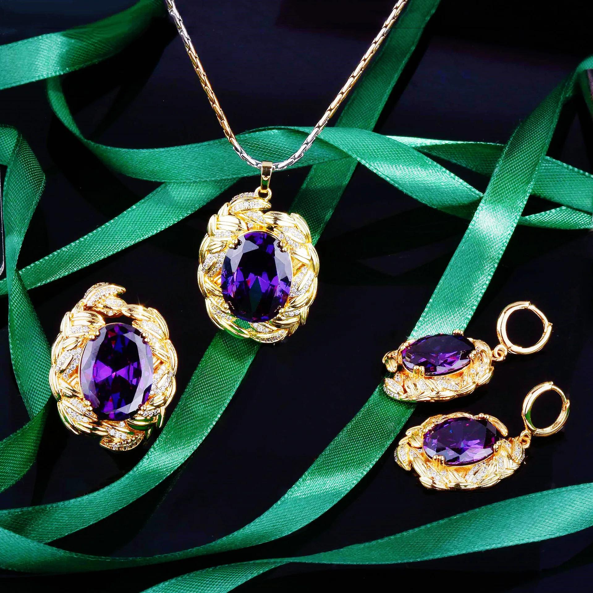 Luxury Mysterious Gold Color Jewelry Sets For Women Large Purple Stone Pendant Necklaces Rings Wedding Engagement Br